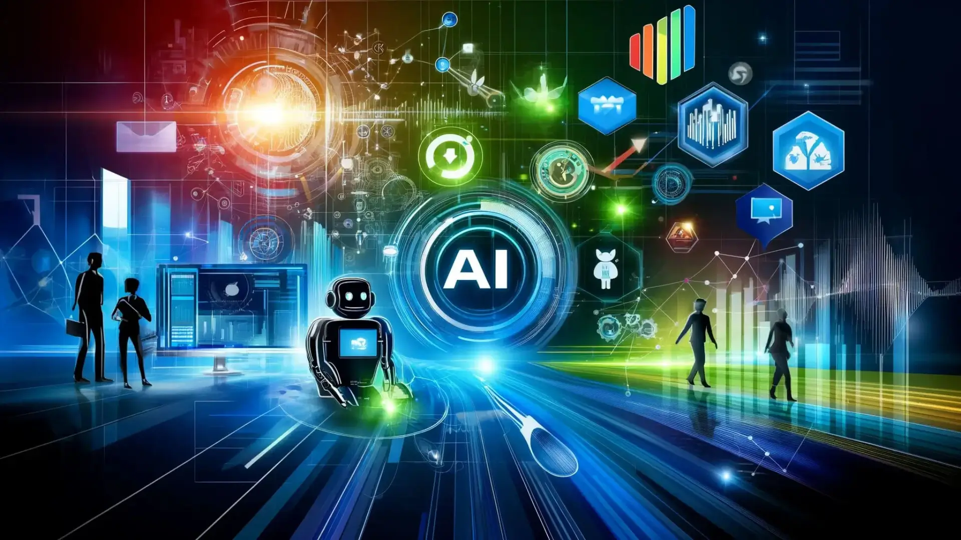 Modern business cover image featuring data streams, AI icons, and futuristic business tools against a high-tech background, illustrating the integration of AI in business operations.