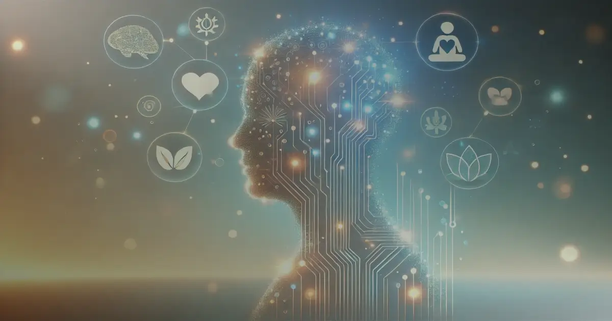 This serene image depicts a human silhouette and intricate technology symbolizing connection, healing, and well-being.